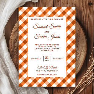 Elegant Orange Gingham Pattern Wedding Invitation