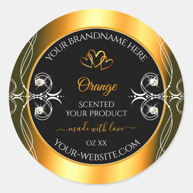 Elegant Orange Glamour Decor Black Product Labels (Front)
