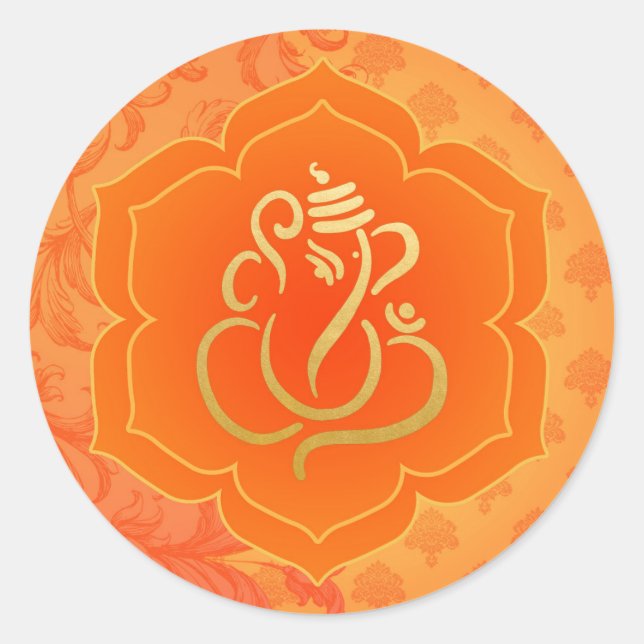 Elegant Orange Gold Ganesh/ Indian God  Classic Round Sticker (Front)