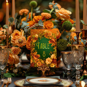 Elegant Orange Gold & Green Druid Hill Wedding Table Number