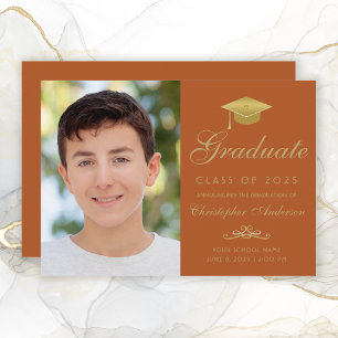 Elegant Orange Gold Script Cap Photo Graduation Announcement