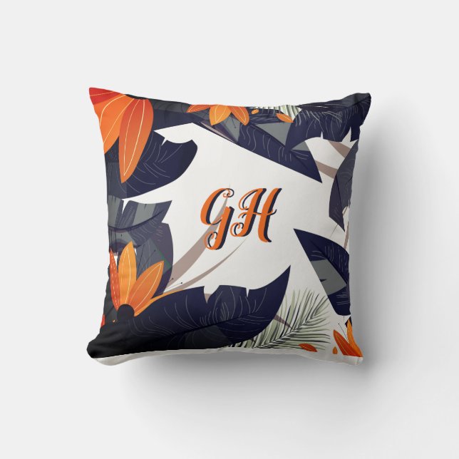 Elegant Orange Grey Foliage Leaves Cushion (Front)