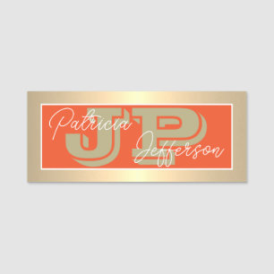Elegant Orange Luxury Gold Monogram: Professional Name Tag