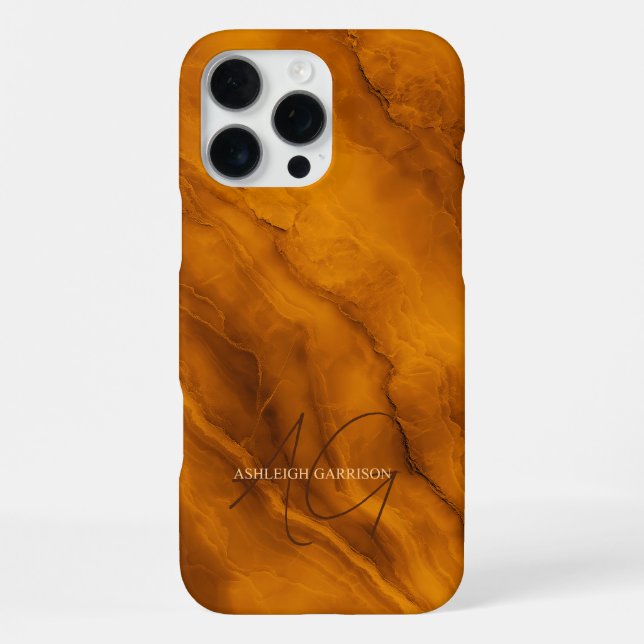 Elegant Orange Marble Custom Name Monogrammed iPhone Case (Back)