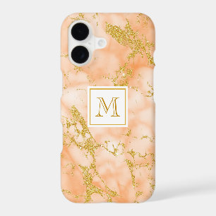 Elegant Orange Marble Monogram Faux Gold Glitter