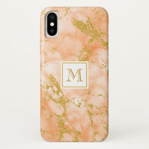 Elegant Orange Marble Monogram Faux Gold Glitter iPhone X Case
