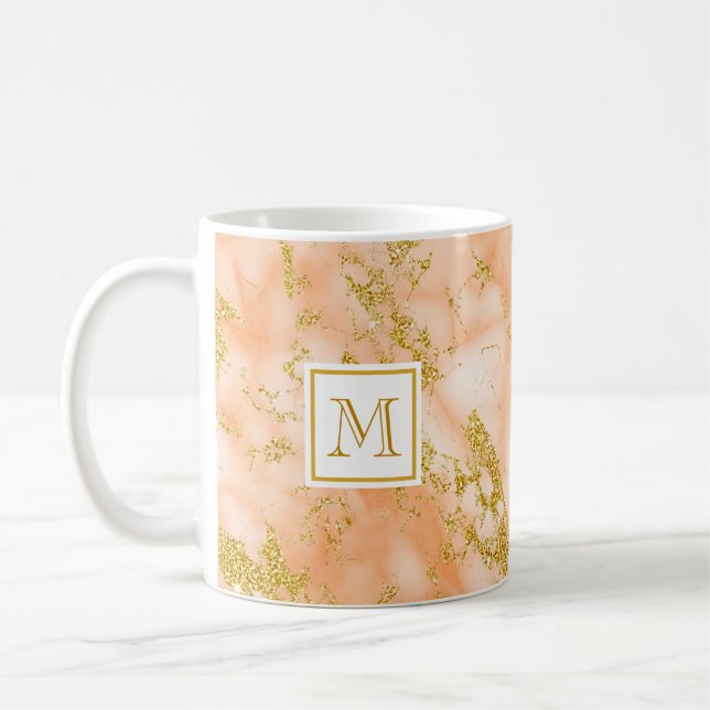 Elegant Orange Marble Monogram Faux Gold Glitter Coffee Mug (Left)