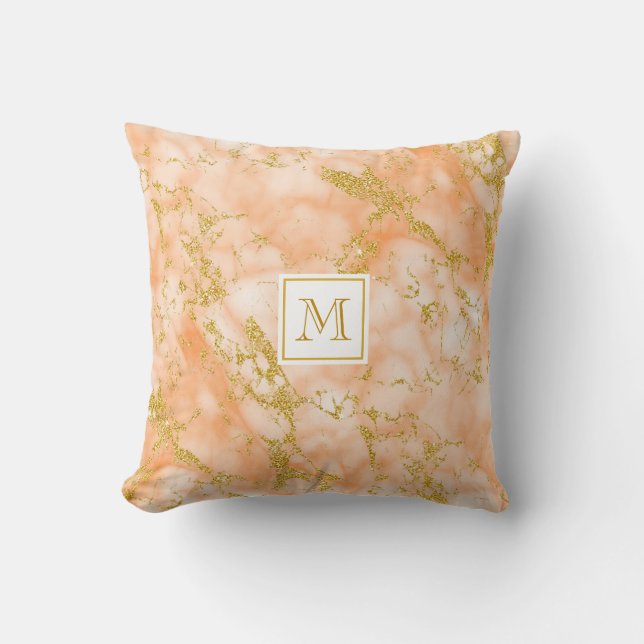 Elegant Orange Marble Monogram Faux Gold Glitter Cushion (Front)