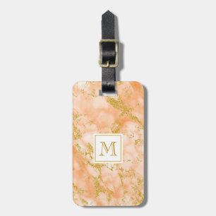 Elegant Orange Marble Monogram Faux Gold Glitter Luggage Tag