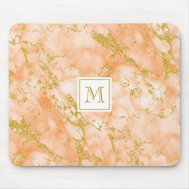 Elegant Orange Marble Monogram Faux Gold Glitter Mouse Mat (Front)