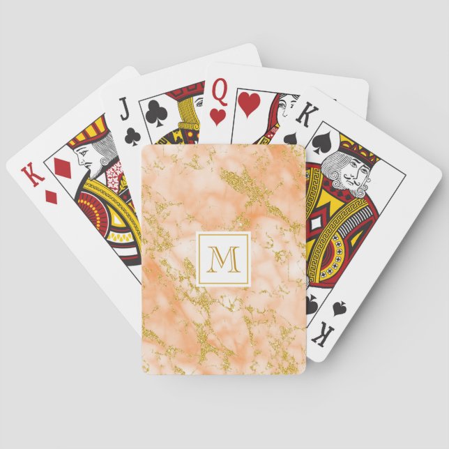 Elegant Orange Marble Monogram Faux Gold Glitter Playing Cards (Back)