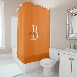 Elegant Orange Monogram Script Name Shower Curtain