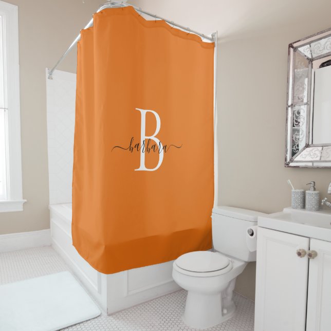 Elegant Orange Monogram Script Name Shower Curtain (In Situ)