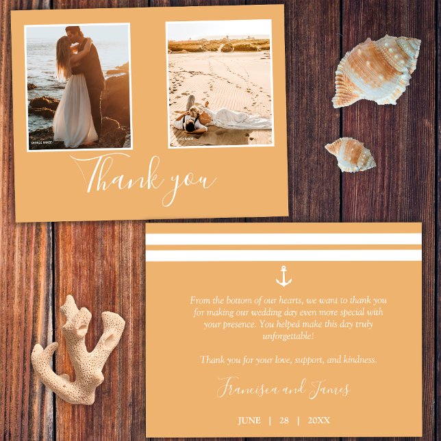 Elegant Orange Nautical Anchor Wedding Photo Thank You Card (Front and Back)