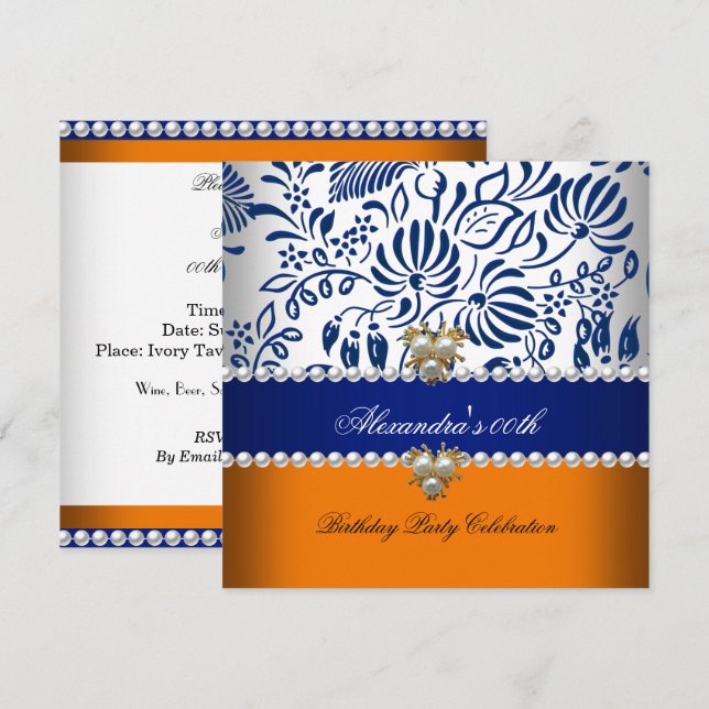 Elegant Orange Navy Blue Damask Pearl Party 2 Invitation (Front/Back)