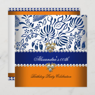 Elegant Orange Navy Blue Damask Pearl Party 2 Invitation