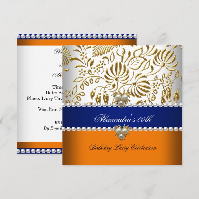 Elegant Orange Navy Blue Gold Damask Pearl Party Invitation (Front/Back)
