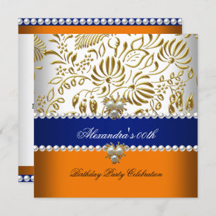 Elegant Orange Navy Blue Gold Damask Pearl Party Invitation