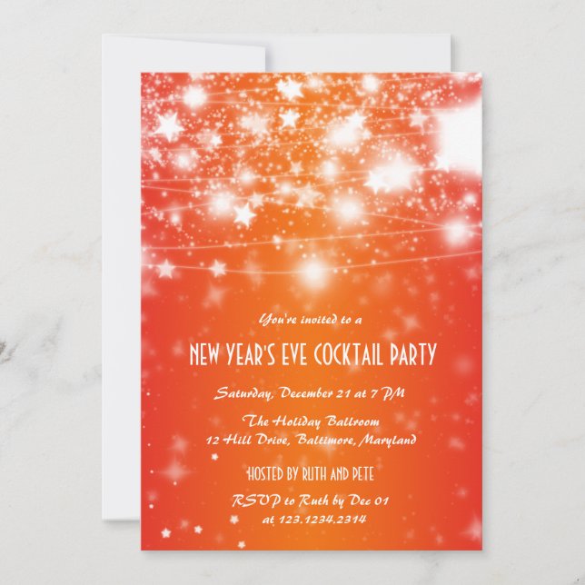 Elegant Orange New Year's Eve Party Shining Stars Invitation (Front)
