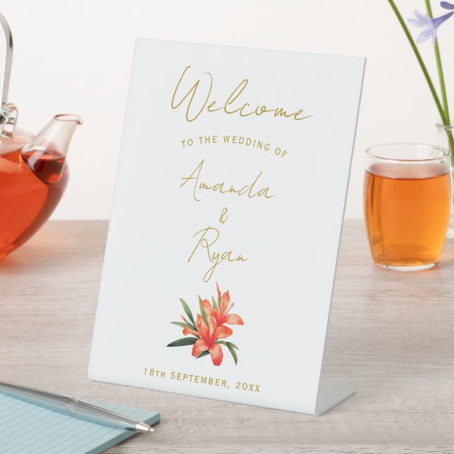 Elegant Orange Oleander Flower Wedding Welcome Pedestal Sign (In SItu)