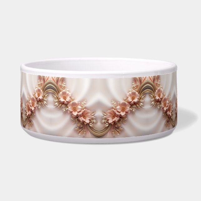 Elegant Orange Peach Floral Ceramic Pet Bowl (Front)