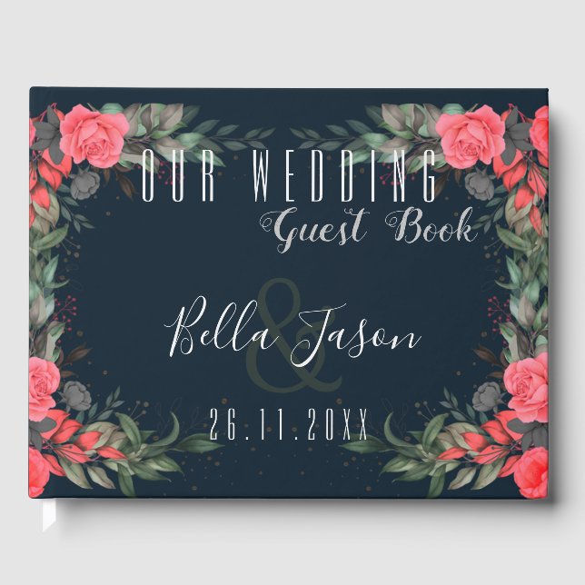 Elegant Orange Peach Grey Floral Script Wedding Guest Book (Front)