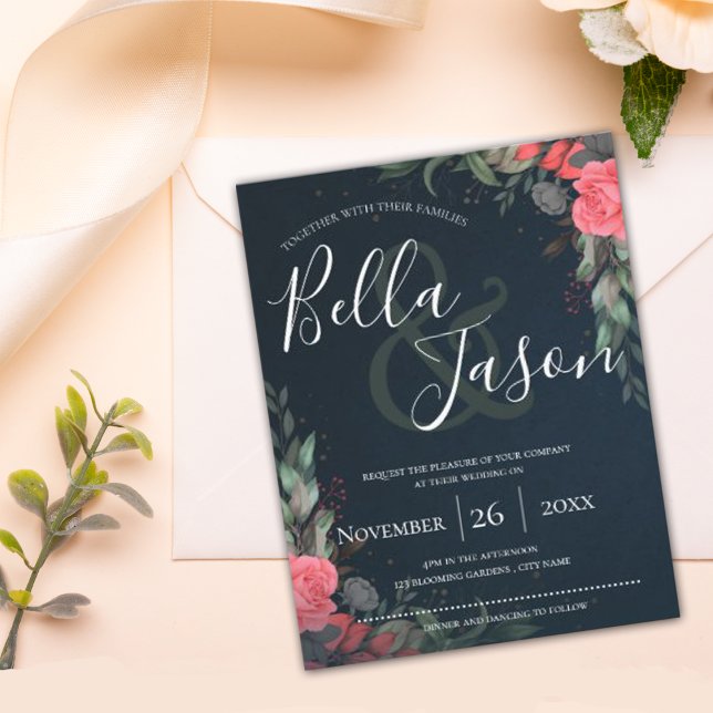 Elegant Orange Peach Grey Floral Script Wedding Invitation (Creator Uploaded)
