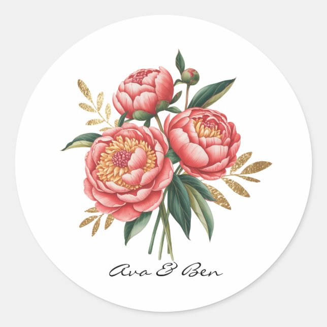 Elegant Orange Peony Bouquet Wedding Classic Round Sticker (Front)