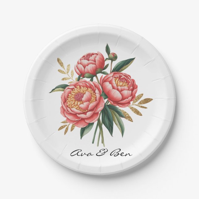 Elegant Orange Peony Bouquet Wedding Paper Plate (Front)