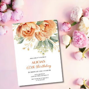 Elegant Orange Peony Gold Leaf Greenery Birthday  Invitation