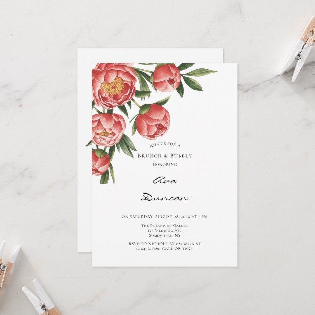 Elegant Orange Peony Painted Brunch & Bubbly Invitation (Front/Back In Situ)