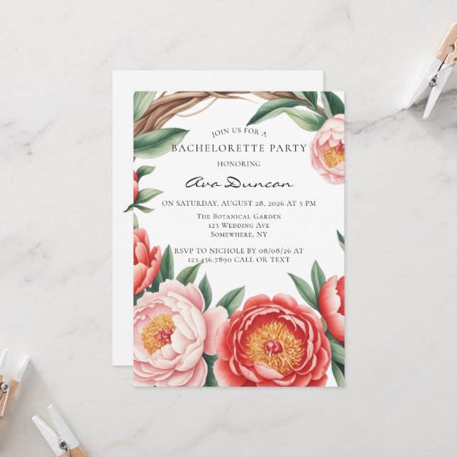 Elegant Orange Peony Watercolor Bachelorette Party Invitation (Front/Back In Situ)