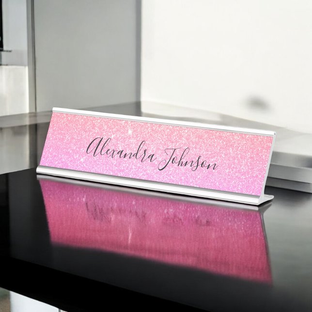 Elegant Orange Pink Glitter Sparkle Modern Desk Name Plate (Creator Uploaded)