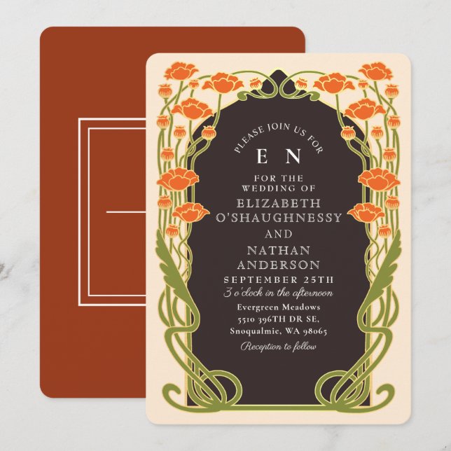 Elegant Orange Poppy Art Nouveau Floral Wedding Invitation (Front/Back)