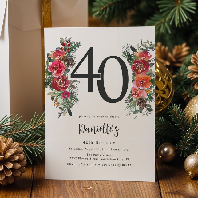 Elegant Orange & Red Floral 40th Birthday Invitation (Creator Uploaded)