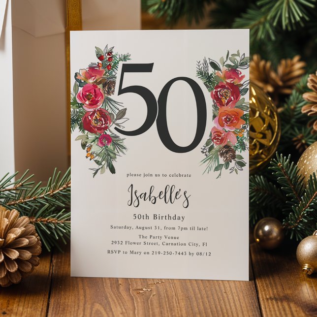 Elegant Orange & Red Floral 50th Birthday Invitation (Creator Uploaded)