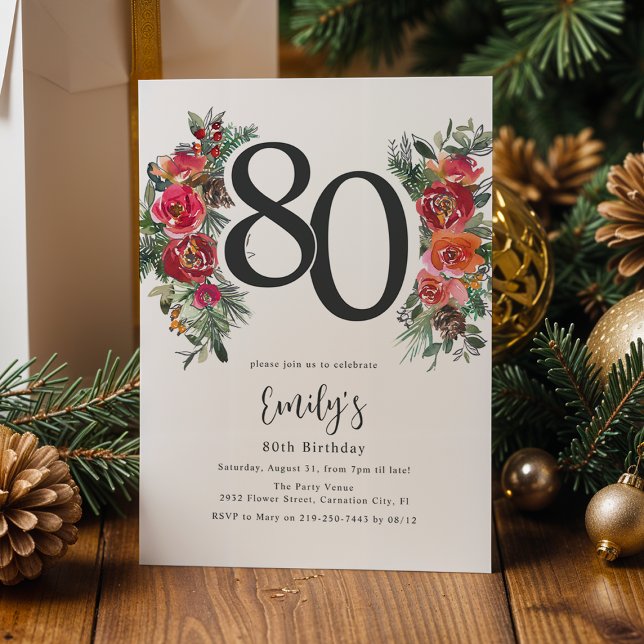 Elegant Orange & Red Floral 80th Birthday Invitation (Creator Uploaded)