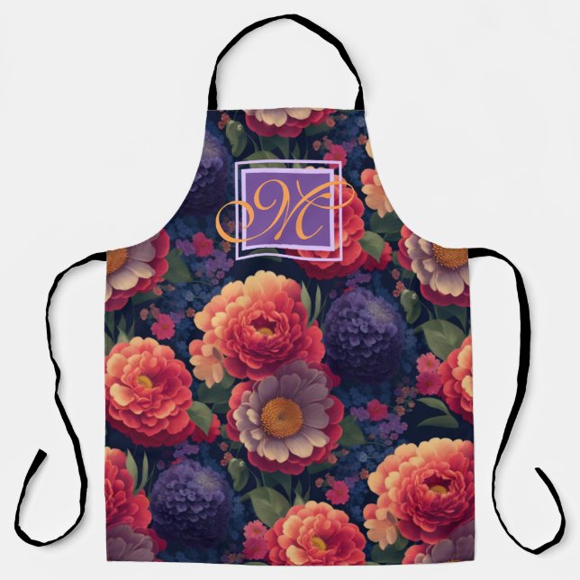 Elegant orange red floral romantic monogram  apron (Front)