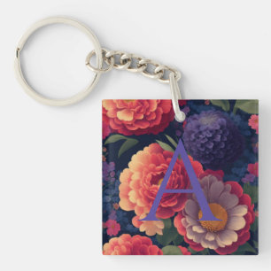 Elegant orange red floral romantic monogram  key ring