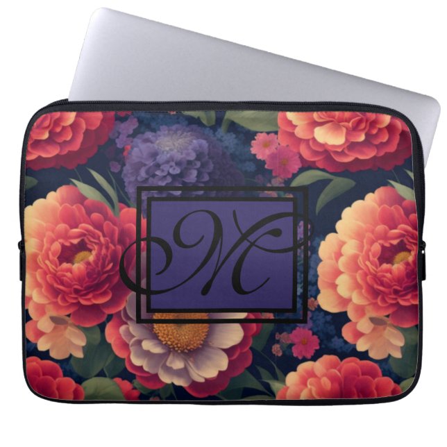 Elegant orange red floral romantic monogram  laptop sleeve (Front)