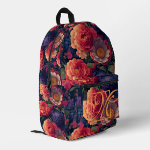 Elegant orange red floral romantic monogram printed backpack