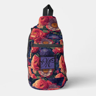 Elegant orange red floral romantic monogram  sling bag