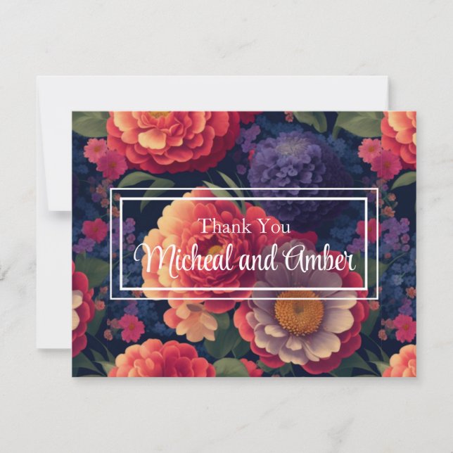 Elegant orange red purple floral elegant script thank you card (Front)