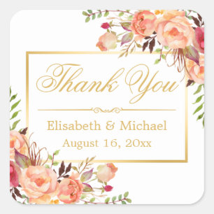 Elegant Orange Rose Floral Gold Frame Thank You Square Sticker