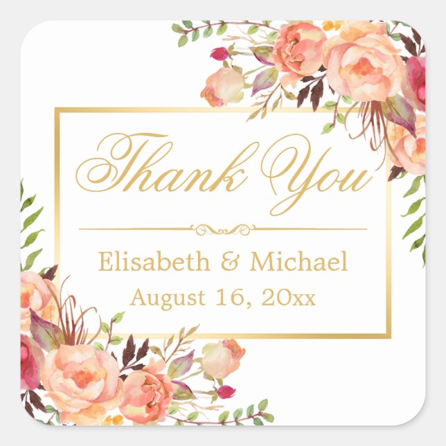 Elegant Orange Rose Floral Gold Frame Thank You Square Sticker (Front)