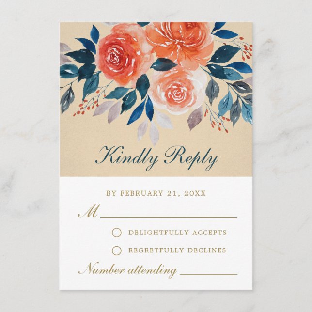 Elegant Orange Roses Watercolor Floral RSVP Card (Front)