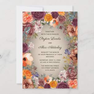 Elegant Orange Rust Cream Floral Brown Wedding Invitation