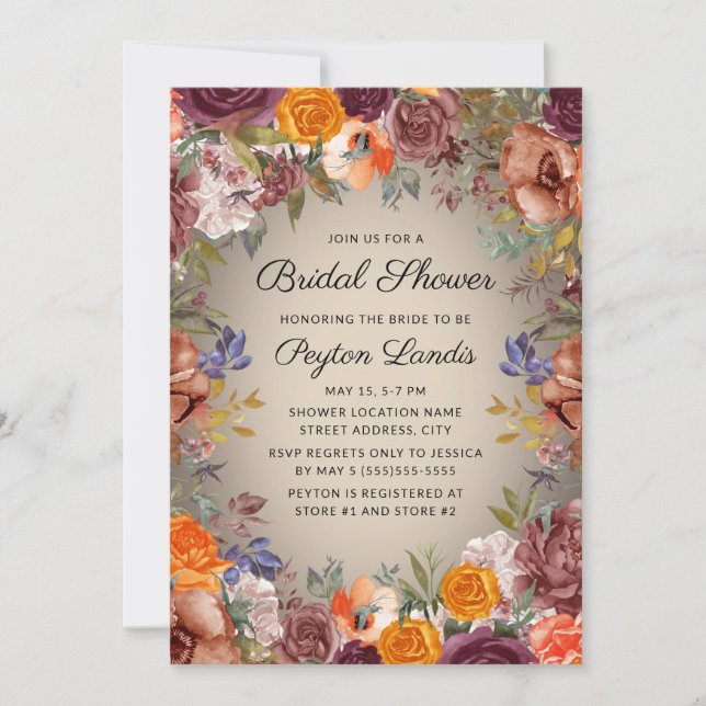 Elegant Orange Rust Floral Brown Bridal Shower Invitation (Front)