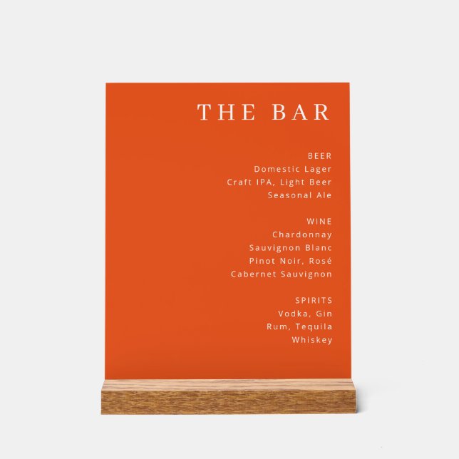 Elegant Orange Serif Bar Menu Acrylic Sign (Front)