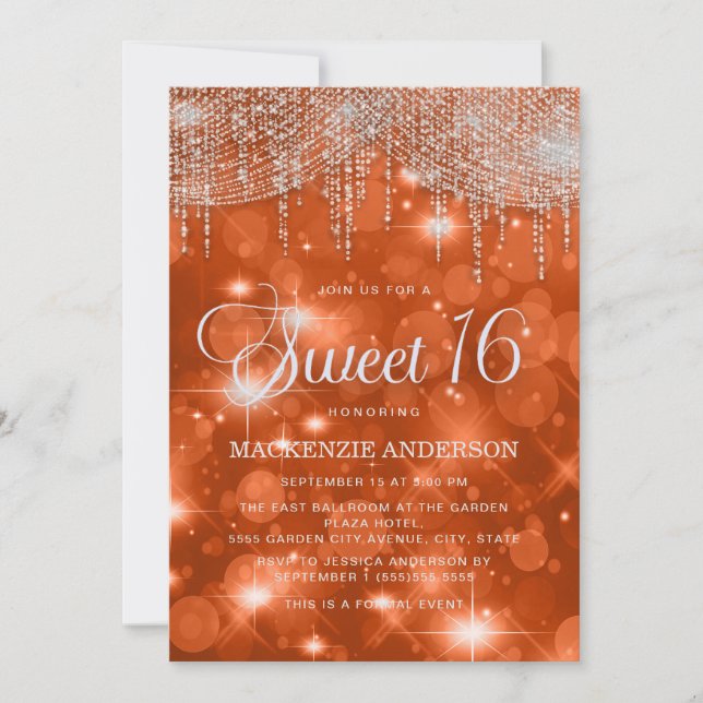 Elegant Orange String Lights Bokeh Sweet 16 Invitation (Front)